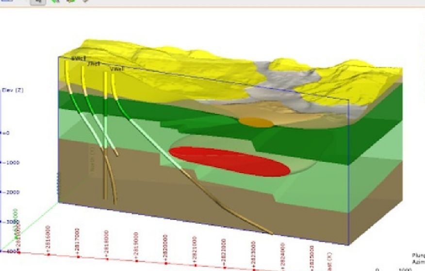 Modelo geológico 3D com furos de sondagem e corpo mineralizado