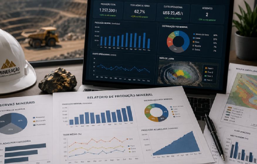 Relatórios e painéis de indicadores de produção mineral
